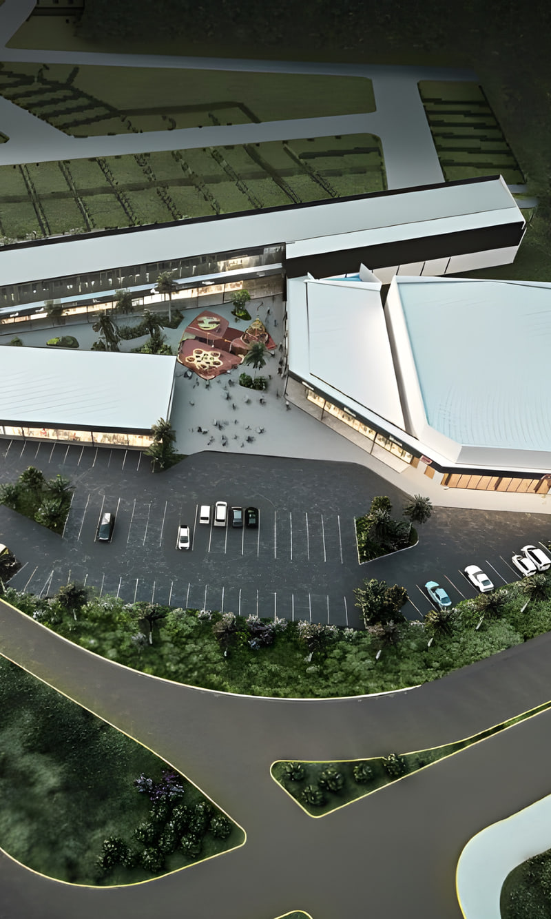 Arquitectura comercial: render aéreo del strip mall Del Sol en Maldonado